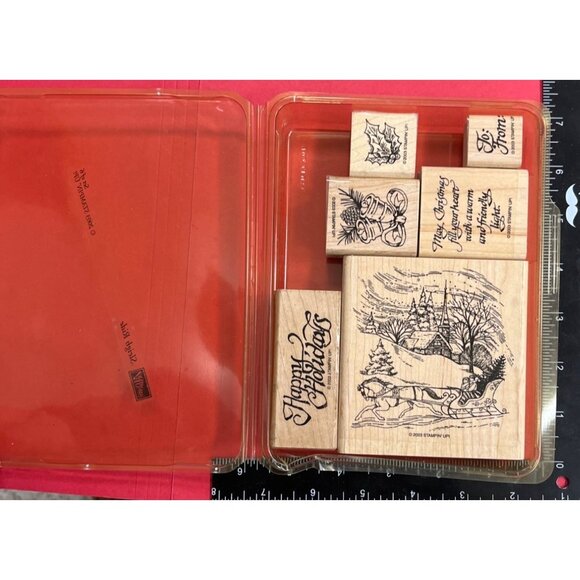 RARE Stampin Up! 2003 Sleigh Ride Wood-Mounted Rubber Stamp Complete Set Holiday - Picture 2 of 3